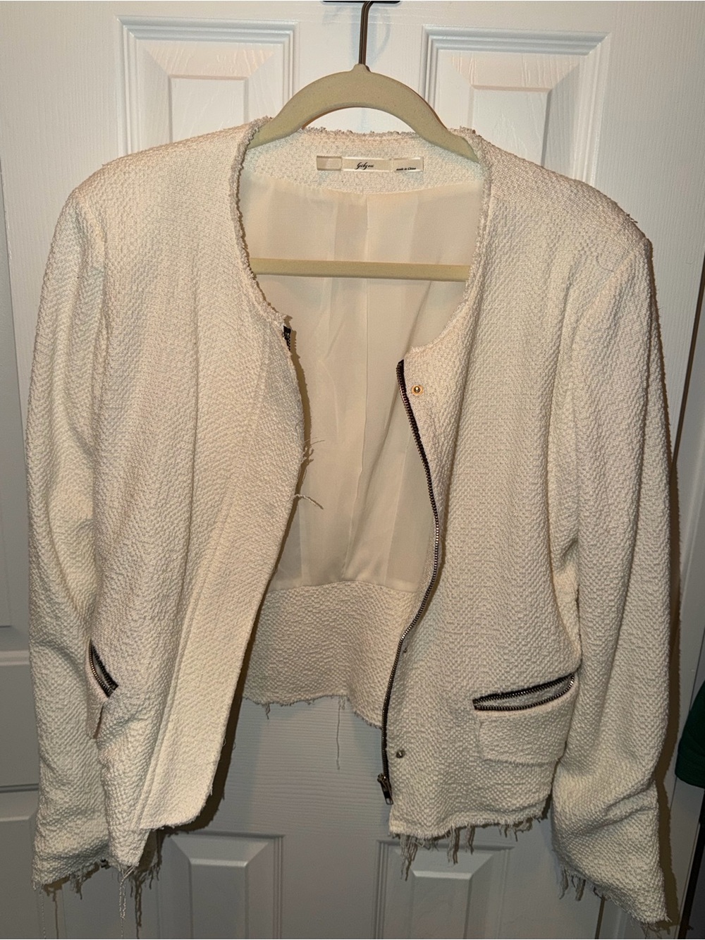 Nordstrom Gibson Cream/White Raw Edge Tweed Front Zip Jacket